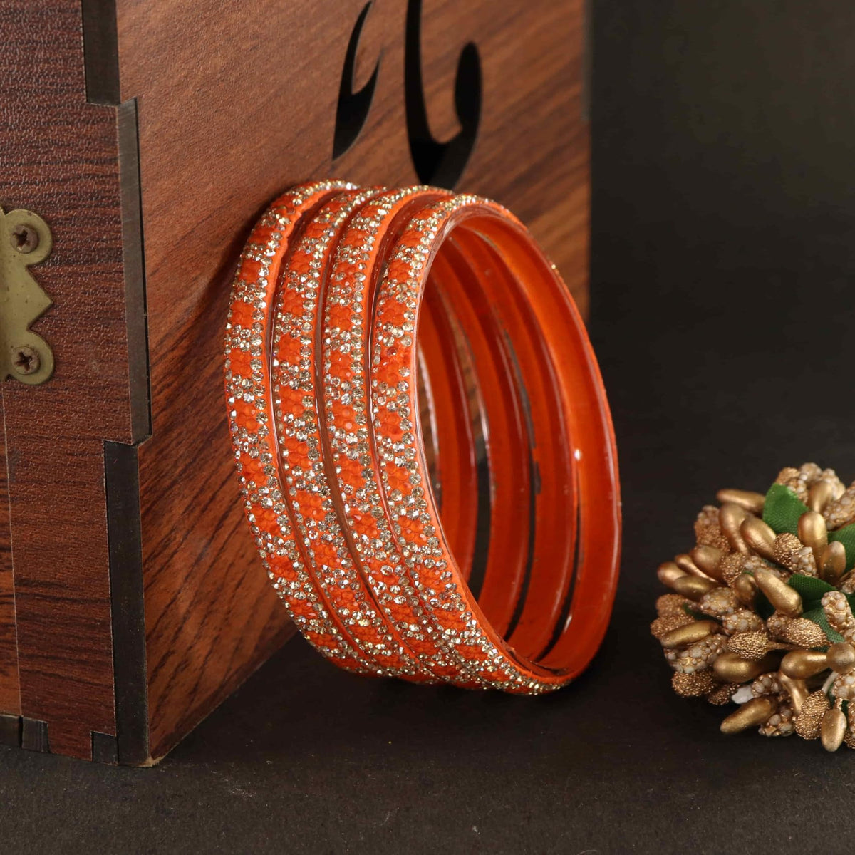 Orange Premium Stone Studded Kada Set - Set of 4
