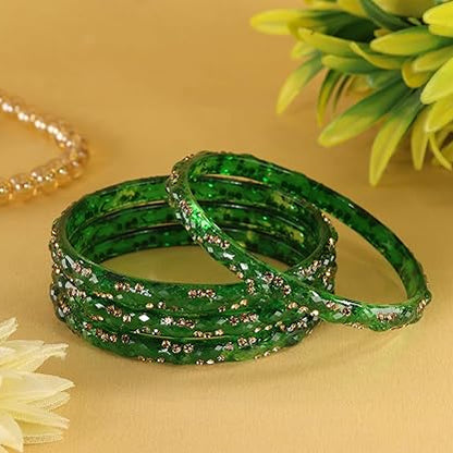 Gemstone Glass Bangles Crystal Kada Ethnic-Set Of 4