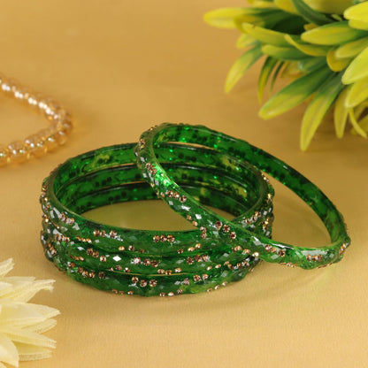Green Glass Bangles Set with Crystal Stone Work - Set of 4