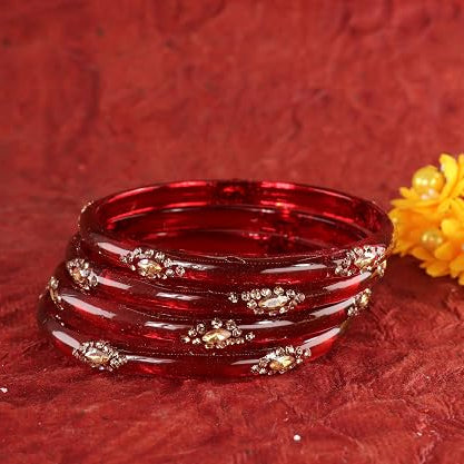 Glass Bangles Set With Crystal-Zircon Stone & Floral Work- Pack of  4