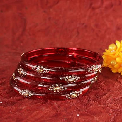 Glass Bangles Set With Crystal-Zircon Stone & Floral Work- Pack of  4