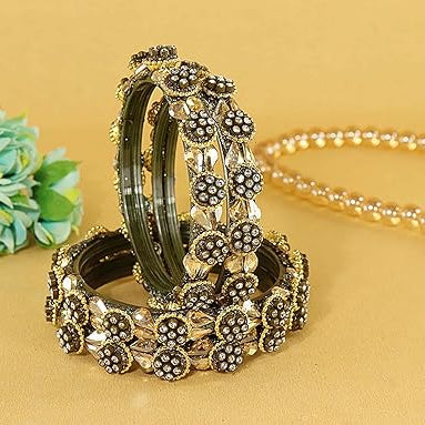 Mehandi Glass Bangle Kundan & Zircon Stone Bangle- Pack of 4