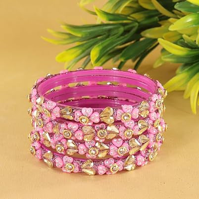 Glass Bangles Kada Set With Kundan & Zircon Stones Work - Pack of 4