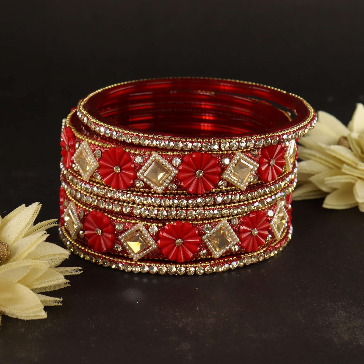 Red Premium Designer Kundan Stone Floral Kada- Set of 6