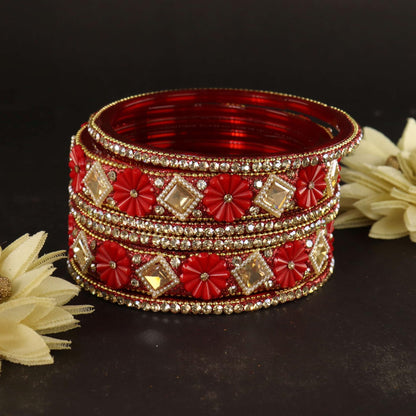 Red Premium Designer Kundan Stone Floral Kada- Set of 6