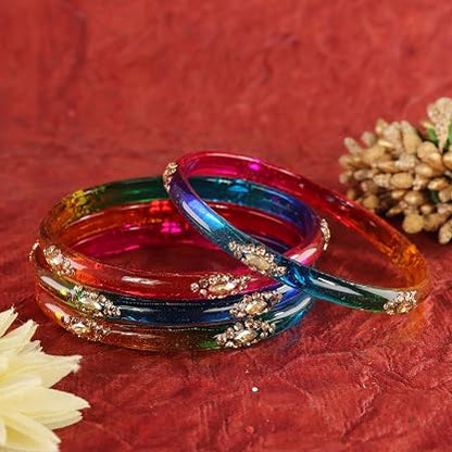 Glass Bangles set With Golden Crystal-Zircon Stone & Floral Work- Pack of 4
