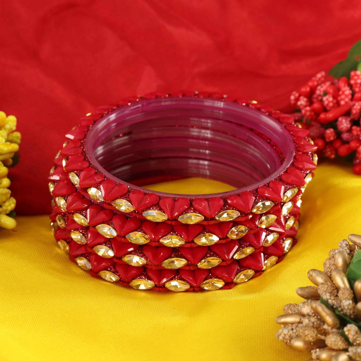 Magenta Sparkling stone detailing, and elegant golden Kada - Set Of 4