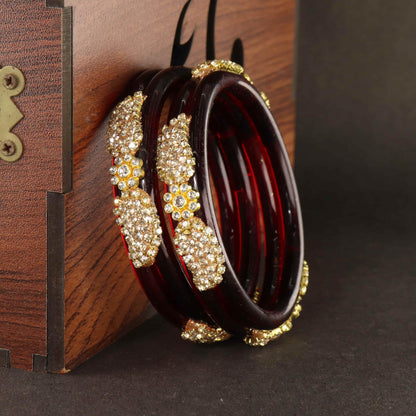 Maroon Glass Bangle with Gold-Tone Rhinestone Kada -Set Of 2