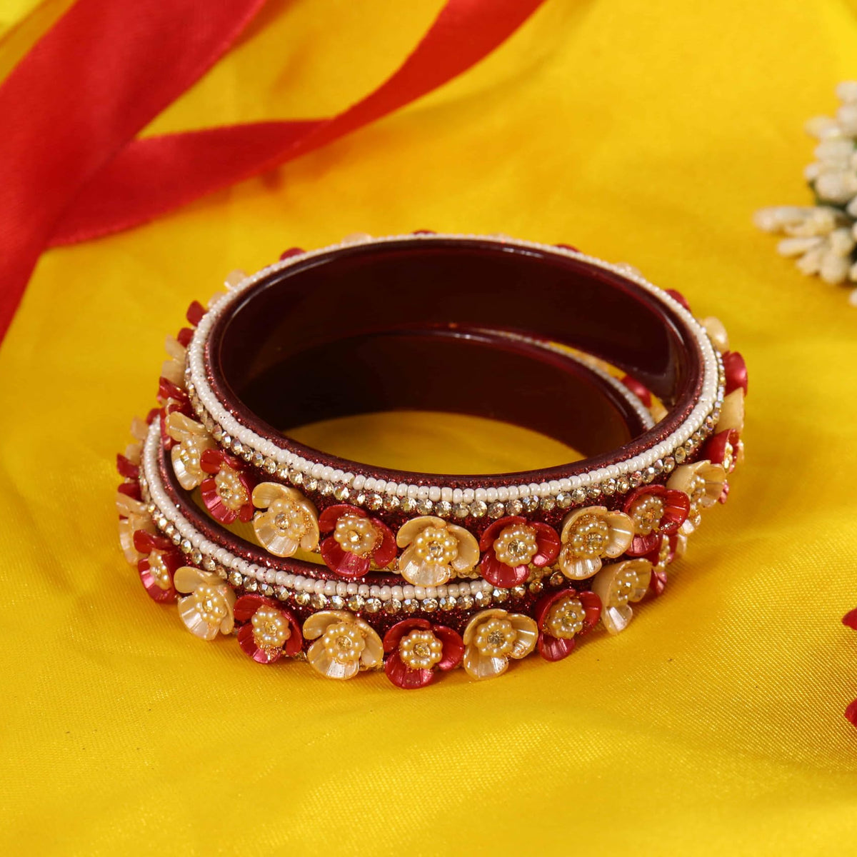 maroon Premium Floral Pearl Studded Kada Set - Set of 2