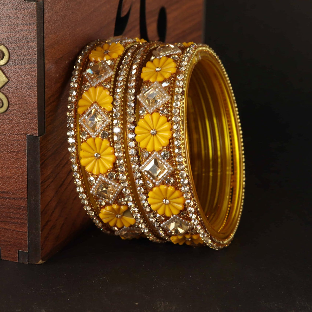 Yellow Premium Designer Kundan Stone Floral Kada- Set of 6