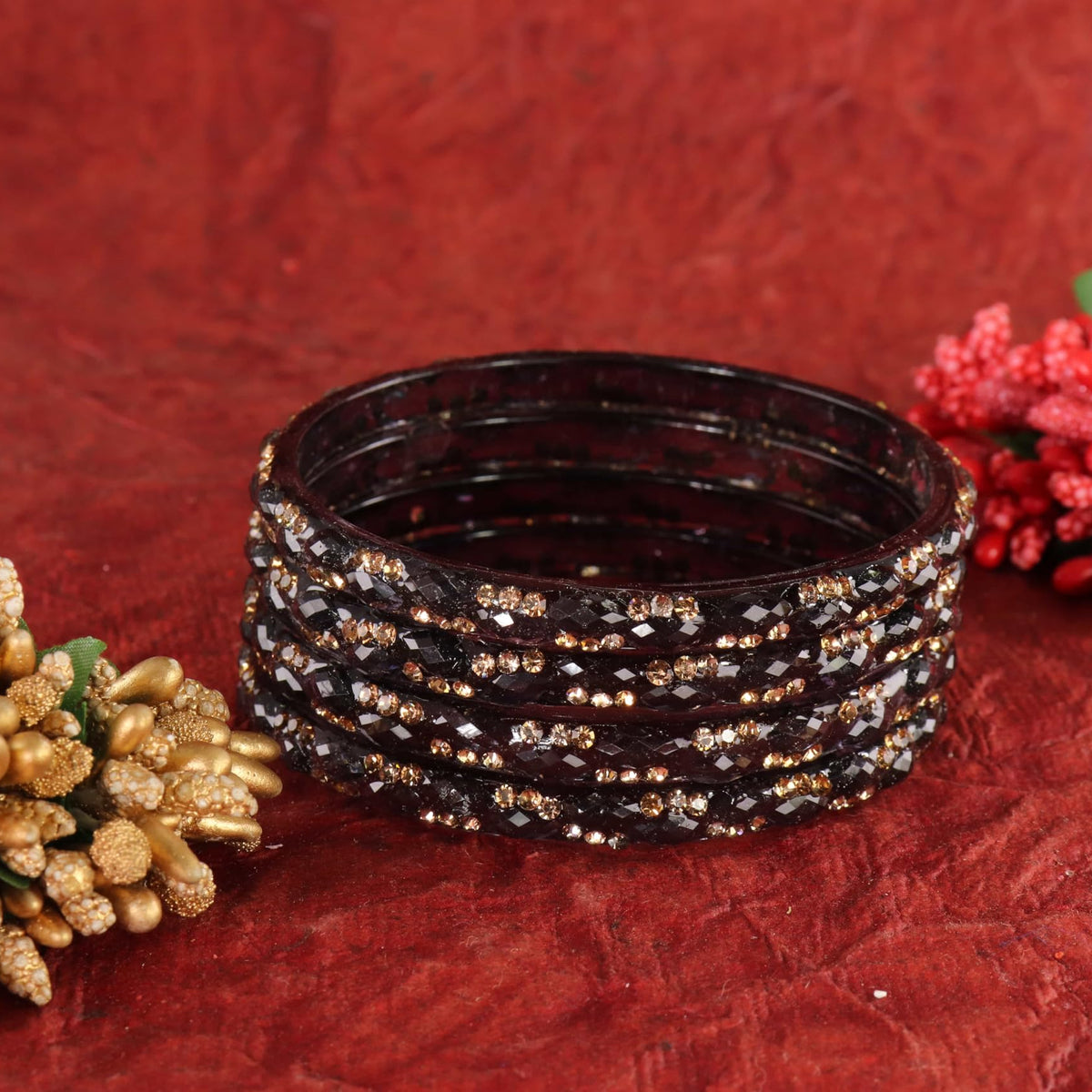 Black Glass Bangles Set with Crystal Stone Work - Set of 4