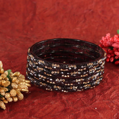 Black Glass Bangles Set with Crystal Stone Work - Set of 4