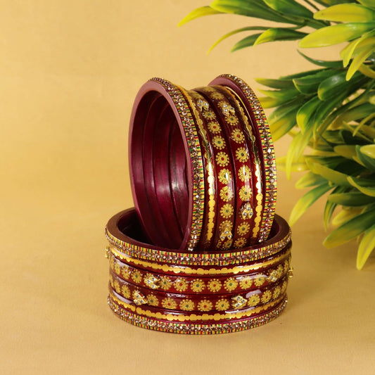 Maroon Designer Bridal Gold Floral & Stone Bangle Set - Pack Of 12
