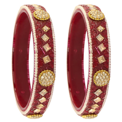Maroon Floral Embossed Pattern with Square Stone Kada- Set of 2