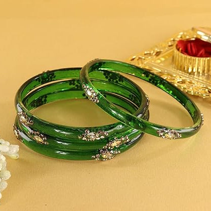 Glass Bangles set With Golden Crystal-Zircon Stone & Floral Work- Pack of 4