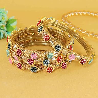 Multicolor Glass Bangle Kundan & Zircon Stone Bangle- Pack of 4