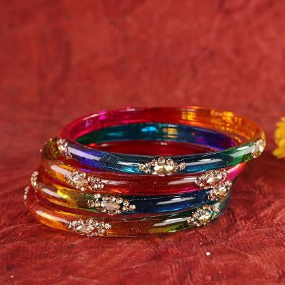 Glass Bangles set With Golden Crystal-Zircon Stone & Floral Work- Pack of 4