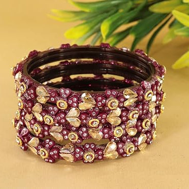 Glass Bangles Kada Set With Kundan & Zircon stones Work- Pack of 4