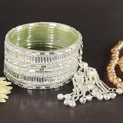 silver Glass Latkan Bangles Set For Wedding, - Set of 6