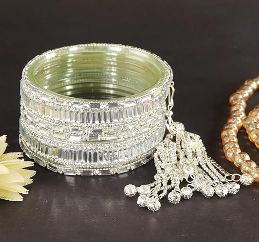 Glass Bangles Set With Crystal Stone-Latkan & Zircon Stone Work- Pack of 6