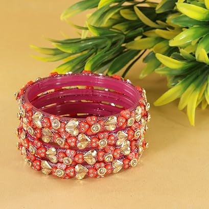 Glass Bangles Kada Set With Kundan & Zircon Stone Work - Pack of 4