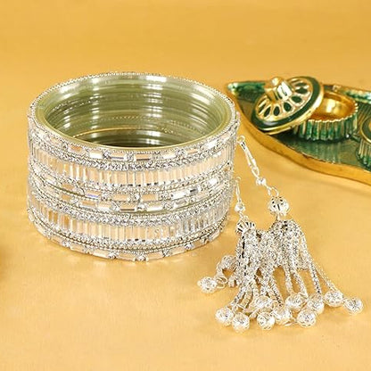silver Glass Latkan Bangles Set For Wedding, - Set of 6