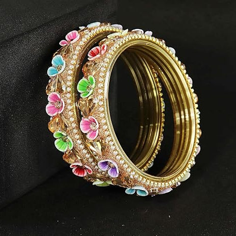 Floral Stone Work Glass Bangles & Gold Plated Multicolor Flower- Pack of 2