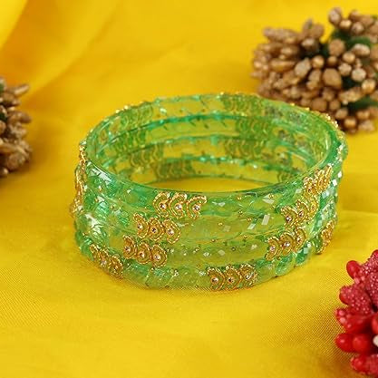 Mint Green Glass Kada with Gold Detailing, Zircon Stones & Heart Beads (Set of 4)
