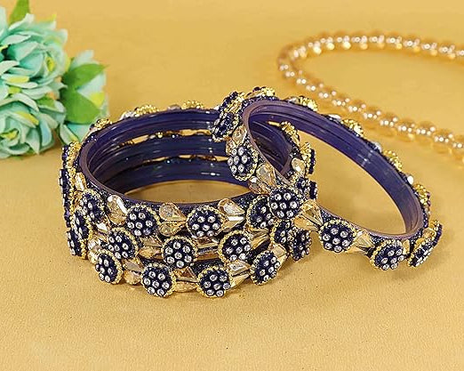 Blue Glass Bangles Kundan & Zircon Stone Bangle- Pack of 4