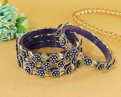Blue Glass Bangles Kundan & Zircon Stone Bangle- Pack of 4
