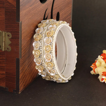 Cream Premium Floral Pearl Studded Kada Set - Set of 2