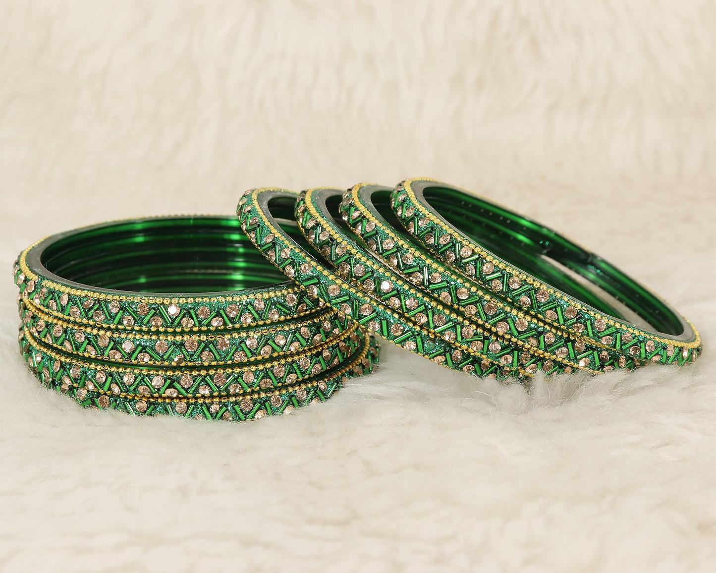 Green Glass Bangles Set For Girls and Women Studded Zircon Gemstone and Beads I women bangles I (Pack of 8)