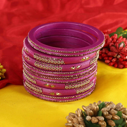 Magenta Stone Studded  Embellished Traditional Bangles - Set of 8