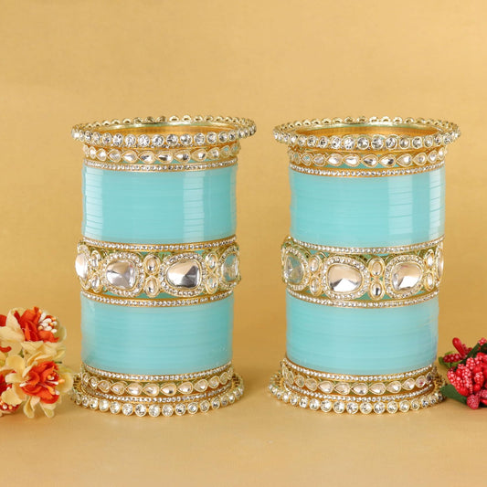 Bridal SkyBlue Metal Gold Chuda Set | Traditional Wedding Bangles for Women | Set of 70