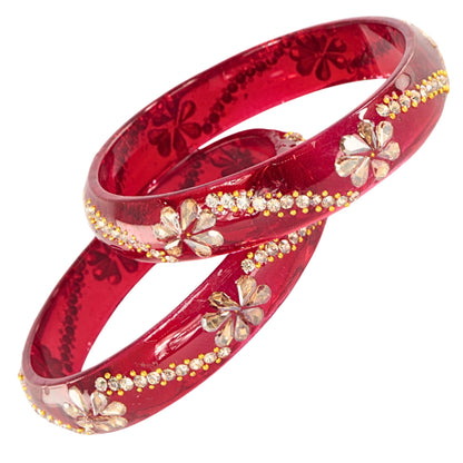 T.Red Glass Bangles with Floral Stone & Kundan Work - Set of 2