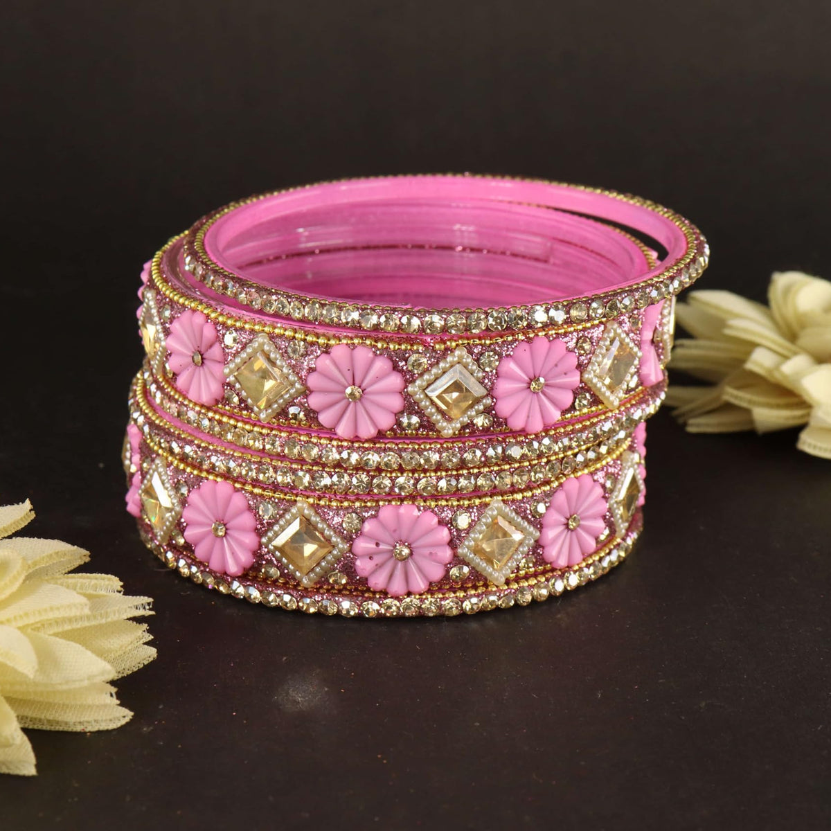 Pink Premium Designer Kundan Stone Floral Kada- Set of 6