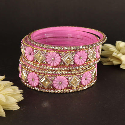 Pink Premium Designer Kundan Stone Floral Kada- Set of 6