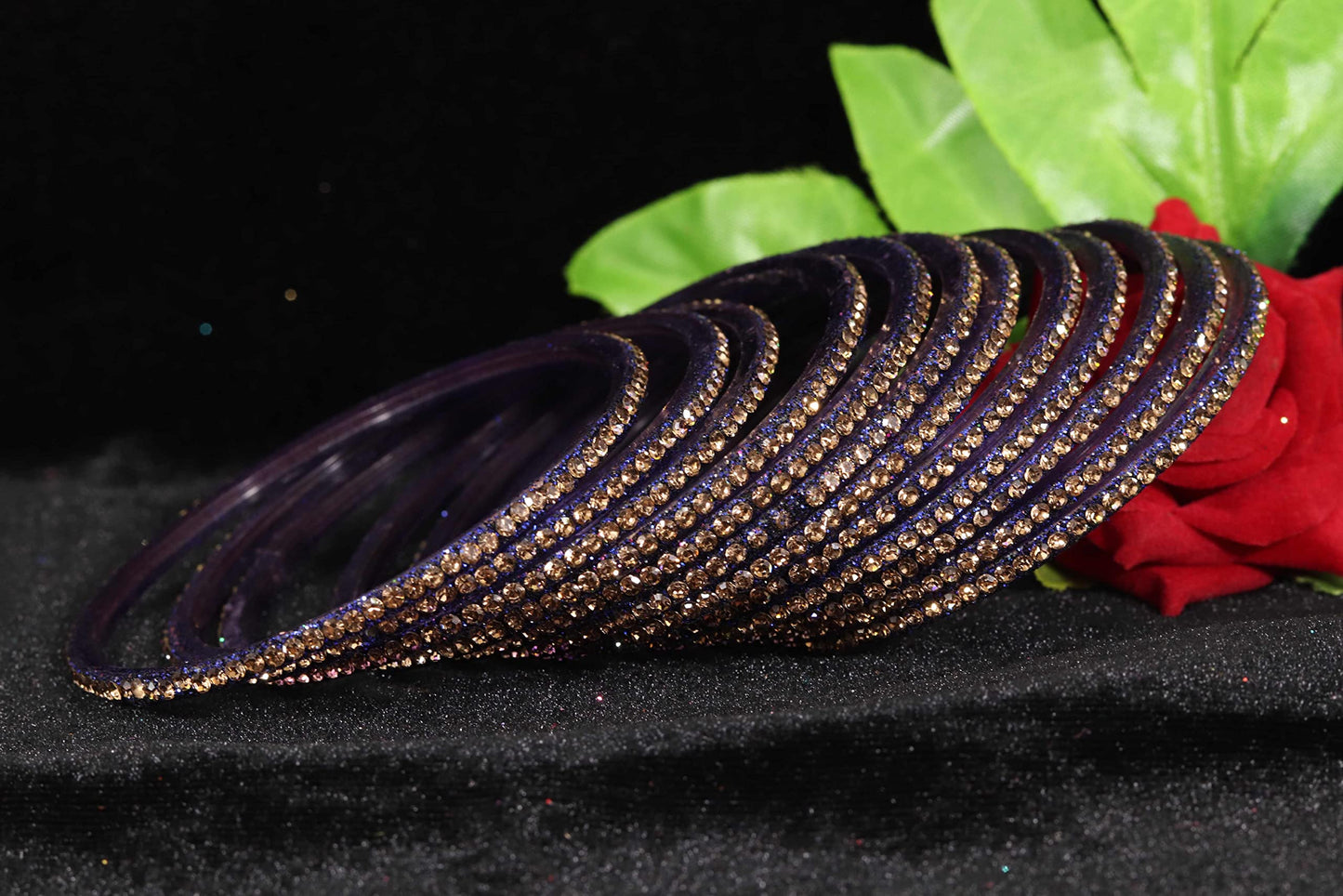 Blue Glass Zircon Studded Glossy Bangle Set for Women & Girls | Pack of 12