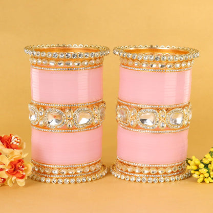 Bridal Pink Metal Gold Chuda Set | Traditional Wedding Bangles for Women | Set of 70