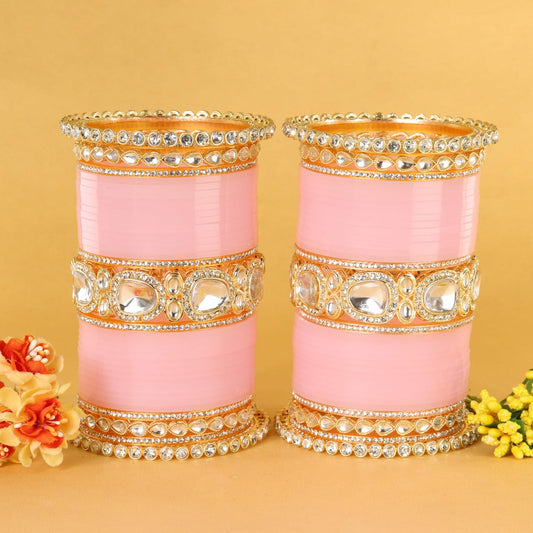 Bridal Pink Metal Gold Chuda Set | Traditional Wedding Bangles for Women | Set of 70