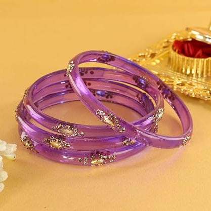 Glass Bangles Set With Crystal-Zircon Stone & Floral Work- Pack of  4