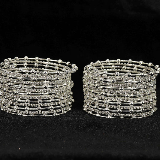 Silver Plated Metal Bangles Set for Women & Girls | Diamond Stone & Ball-Studded Stylish Design-Pack of 26