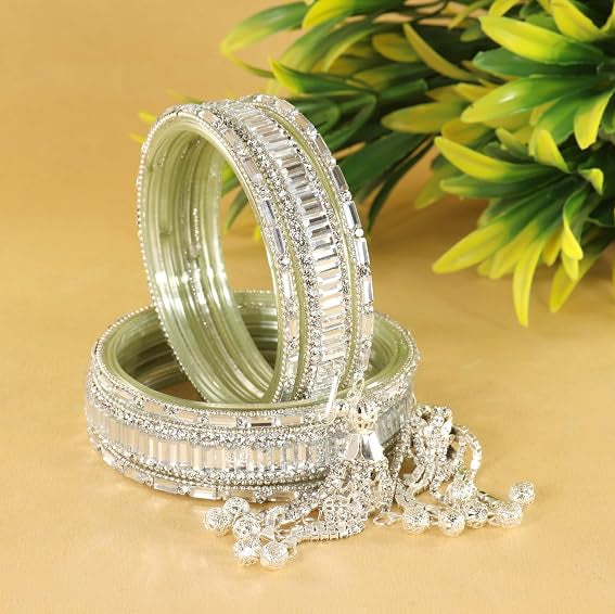 Glass Bangles Set With Crystal Stone-Latkan & Zircon Stone Work- Pack of 6