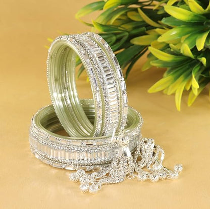 Glass Bangles Set With Crystal Stone-Latkan & Zircon Stone Work- Pack of 6