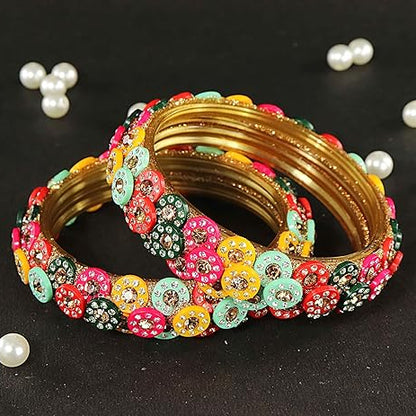 Glass Bangles Kada with Golden Zircon Stone & Multicolour Beads - Pack of 2