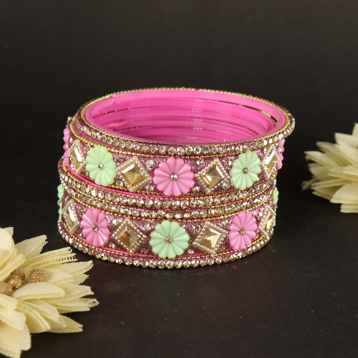 MintPink Premium Designer Kundan Stone Floral Kada- Set of 6