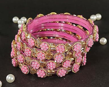 Pink Glass Bangles Set With Zircon Stone And Kundan Work- Set of 4