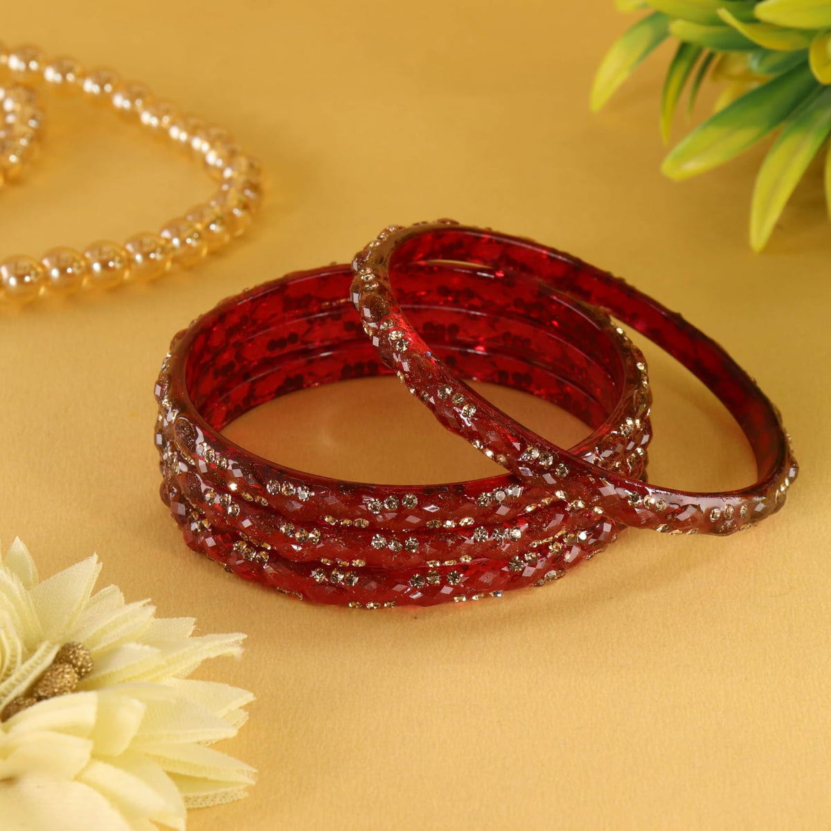 Maroon Glass Bangles Set with Crystal Stone Work - Set of 4
