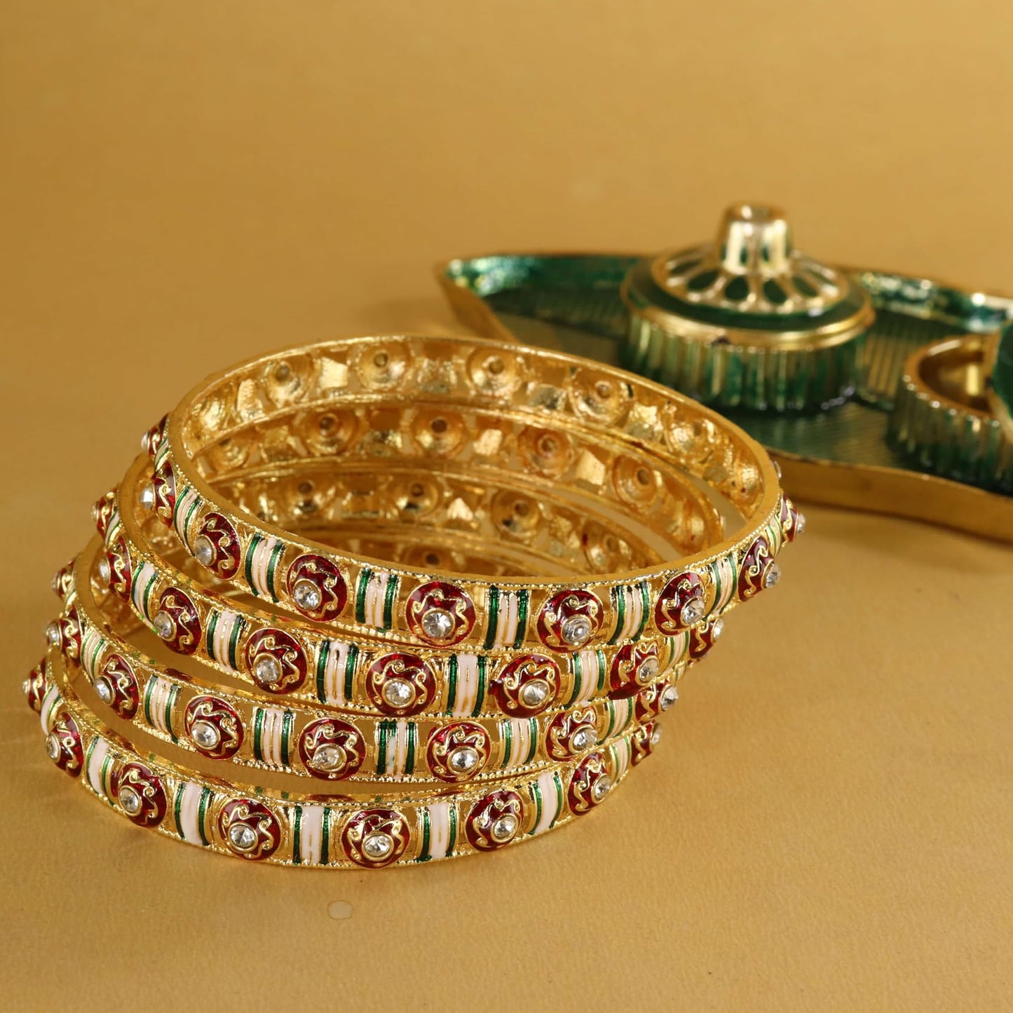 Golden Metal Kada Bangles with Red & Green Enamel Floral Design – Pack of 4