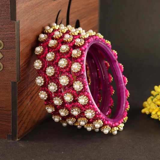 Magenta Gold-Tone Kundan & Pearl Stone Work - Set of 4